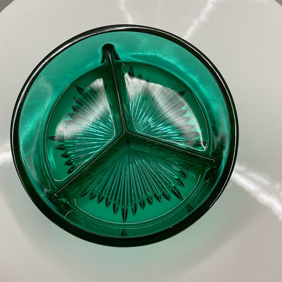 Vintage Teal Green Glass Divided Dish Trinket Vanity Retro Starburst Relish - Picture 2 of 9